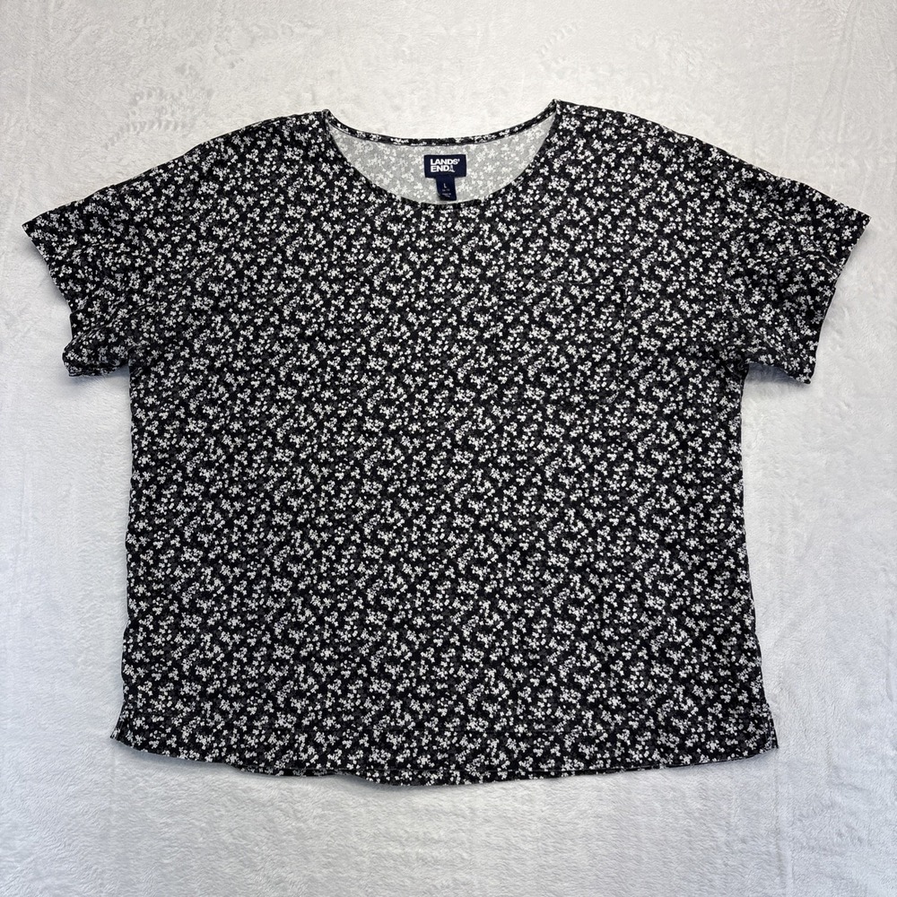 Lands End Shirt Womens Large Black White Floral Short Sleeve Round Neck